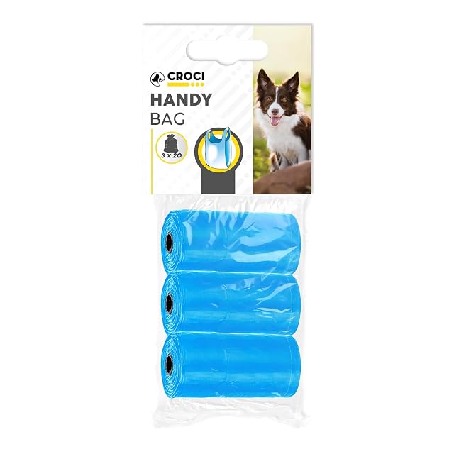 Croci - Bolsas Higiénicas Para Excrementos De Perros, 3 Rollos Total 60 Bolsas, Con Asas, Azul Claro