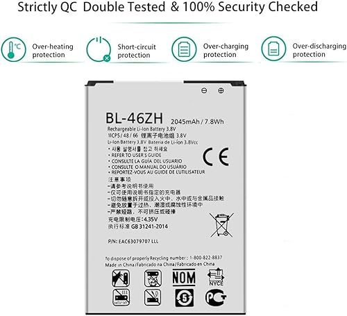 Miniatura 3 de DDONG Para LG Phoenix 2 K371, K7 K330 MS330, Tribute 5 LS675, K8 US375 Reemplazo de batería BL-46ZH