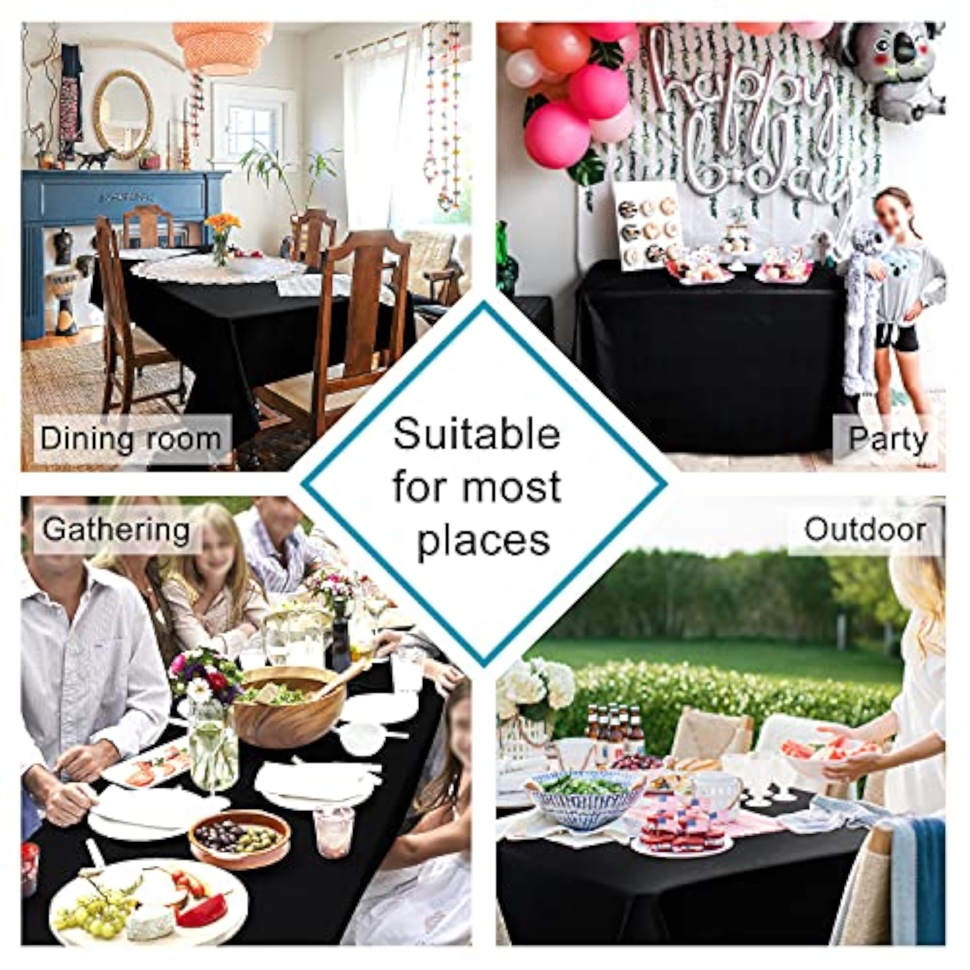 Stain Resistant Rectangle Tablecloth, Washable Polyester, Black