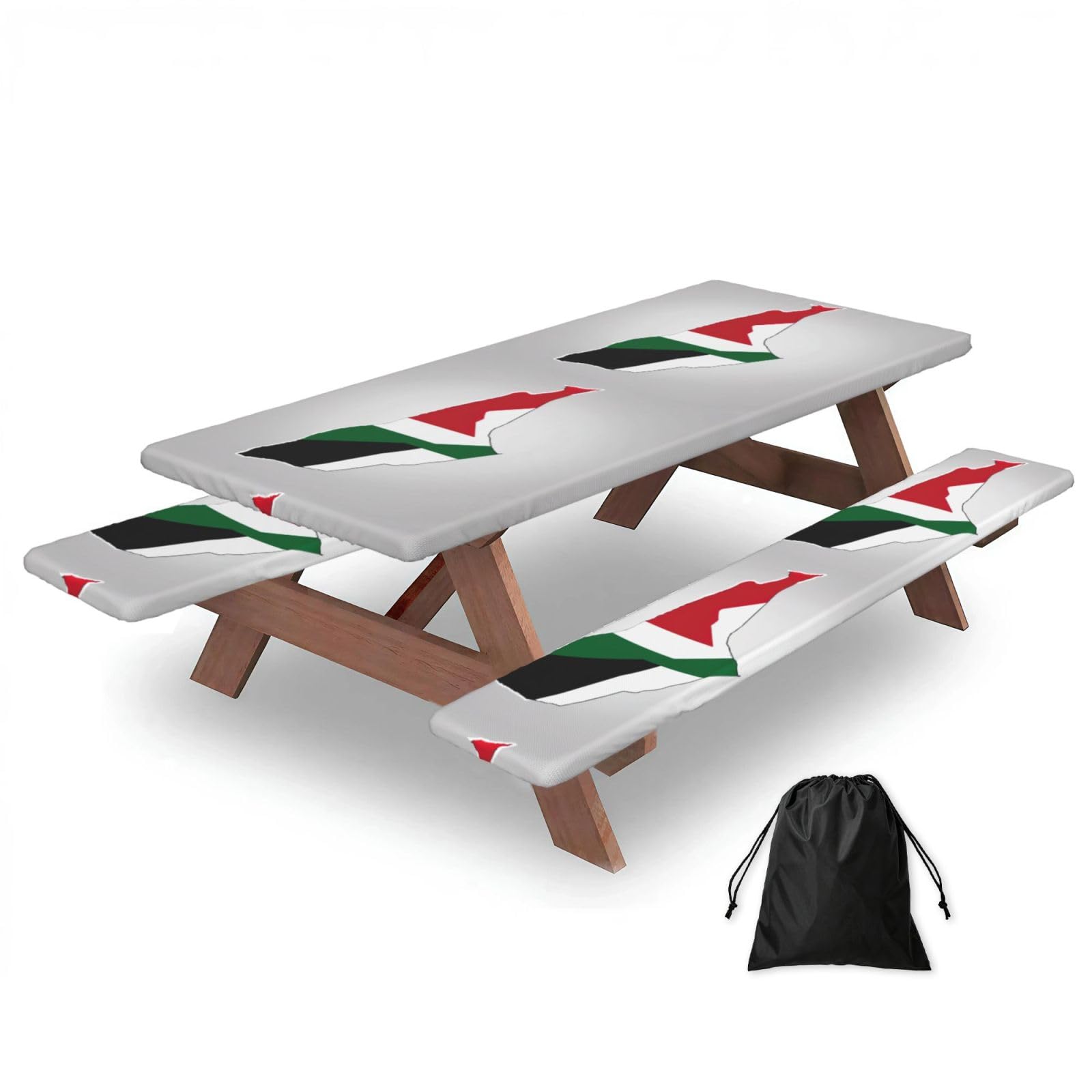 State Of Palestine Flag Map01 Print 183cm Picnic Table Cover With Bench Covers, Waterproof Elastic Tablecloth Set For Outdoor