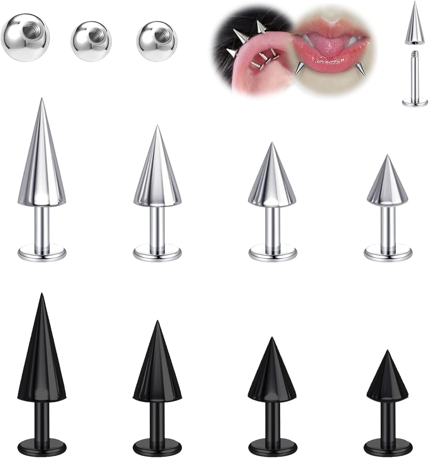 BodyAce 16G Spike Flact Back Earrings Cartilage Lip Rings, Stainless Steel Daith Helix Tragus Studs, Rook Lobe Lip Piercing for Women Men