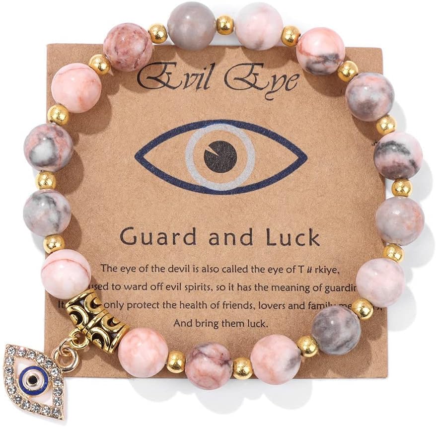 Pingyongchang Evil Eye Bracelet for Women Men Natural Stone Beads Handmade Bracelet Inspirational Bracelet with Gift Message Card Kabbalah Protection Good Luck Jewelry Gift