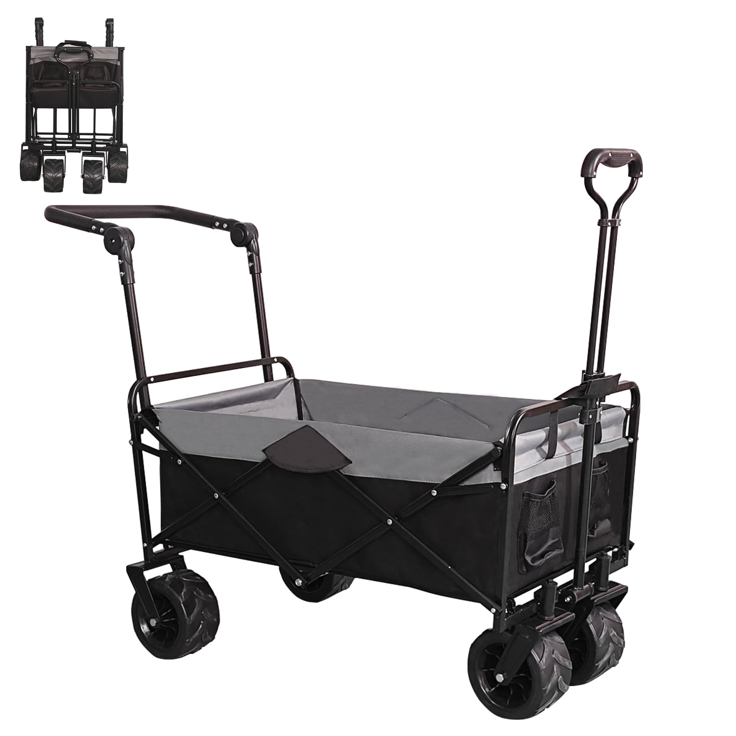 Collapsible Folding Wagon with Extra Push Pull Handle, Heavy Duty Utility Cart with Big All-Terrain Beach Wheels, Large Capacity Folding Garden Wagon for Shopping, Beach, Sports, Outdoor