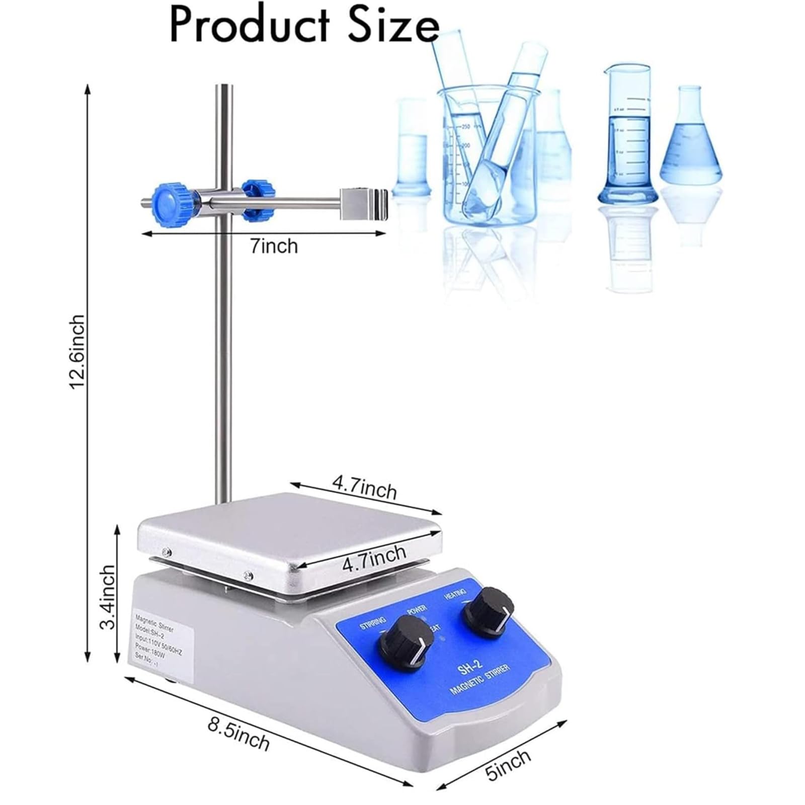 Agitador magnético de 1000 ml con placa caliente, potencia de calefacción de 180 W, velocidad ajustable de 0 a 1600 rpm, incluye barra de agitación y soporte para proyectos de laboratorio y bricolaje
