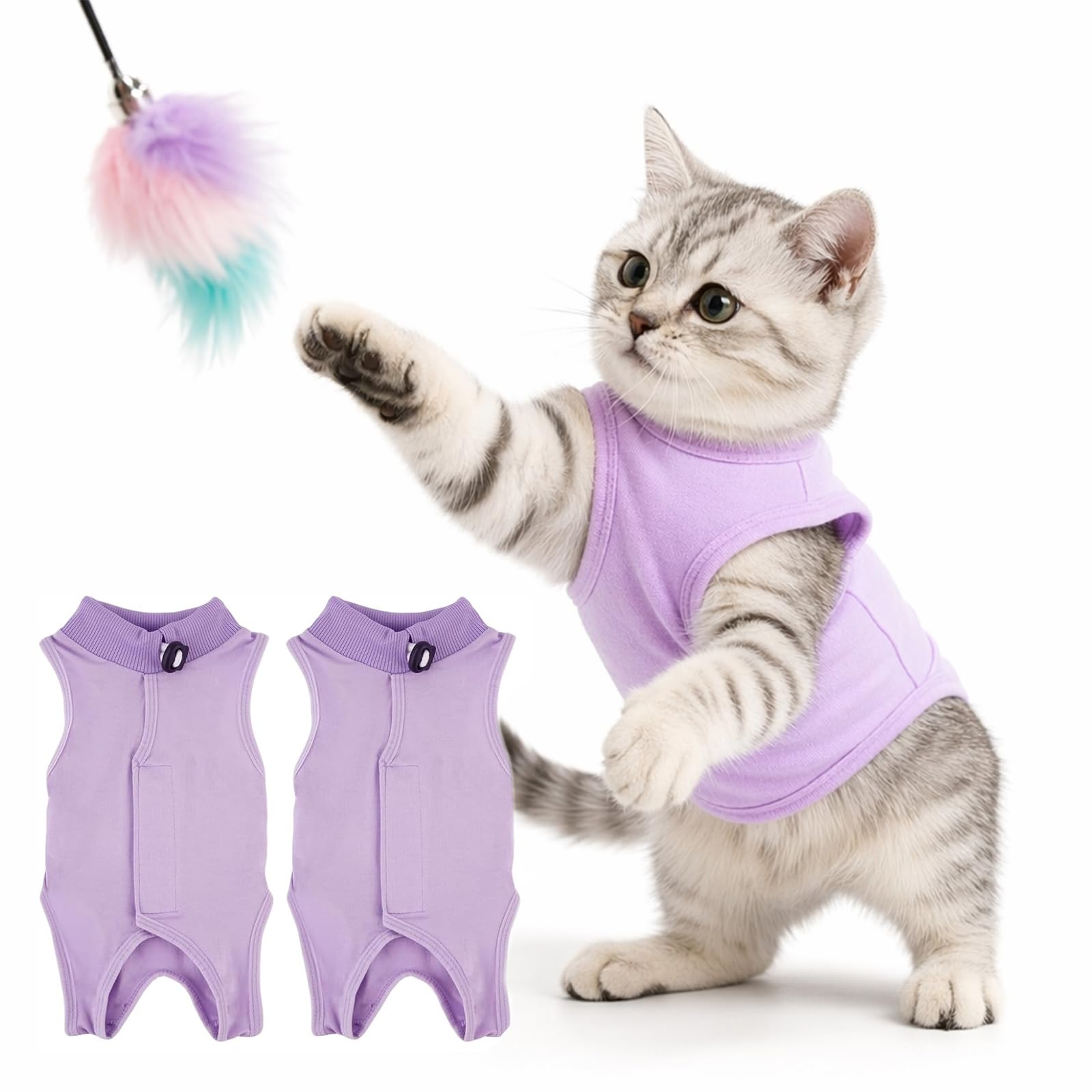 Muiltvoe 2 Pack Cat Recovery Suit, Breathable Kitten Surgical Onesie, Anti-Lick Cone Alternative for Spay Neuter, Soft Cat Bodysuit for Abdominal Wounds Skin Diseases, Purple