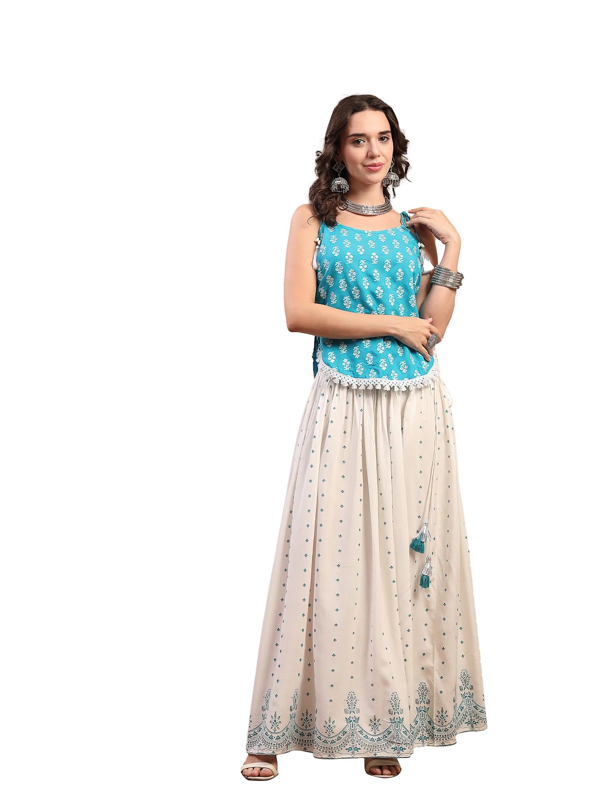 stylum Women's Sky Blue Ethnic Printed Rayon Short Ethnic Top With Skirt-picture-28