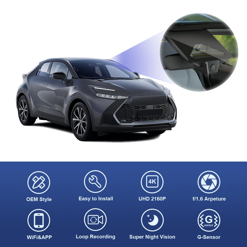 Fitcamx Dashcam 4K Compatibile con Toyota C-HR 2024 2025 2026, OEM Car Camera 2160P UHD Video, WiFi & APP, G-Sensor, Loop Recording, Night Vision, WDR Dash Camera Car, Plug & Play, con 64GB Card