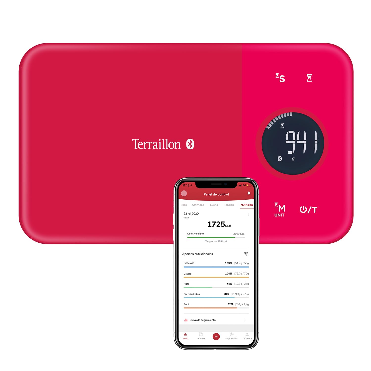 Balanza de cocina conectada Terraillon, para Smartphone/Tablet, calculadora de energía, tara, conversiones de líquidos, temporizador, Bluetooth Smart, 5 kg, NutriTab, arándano rojo