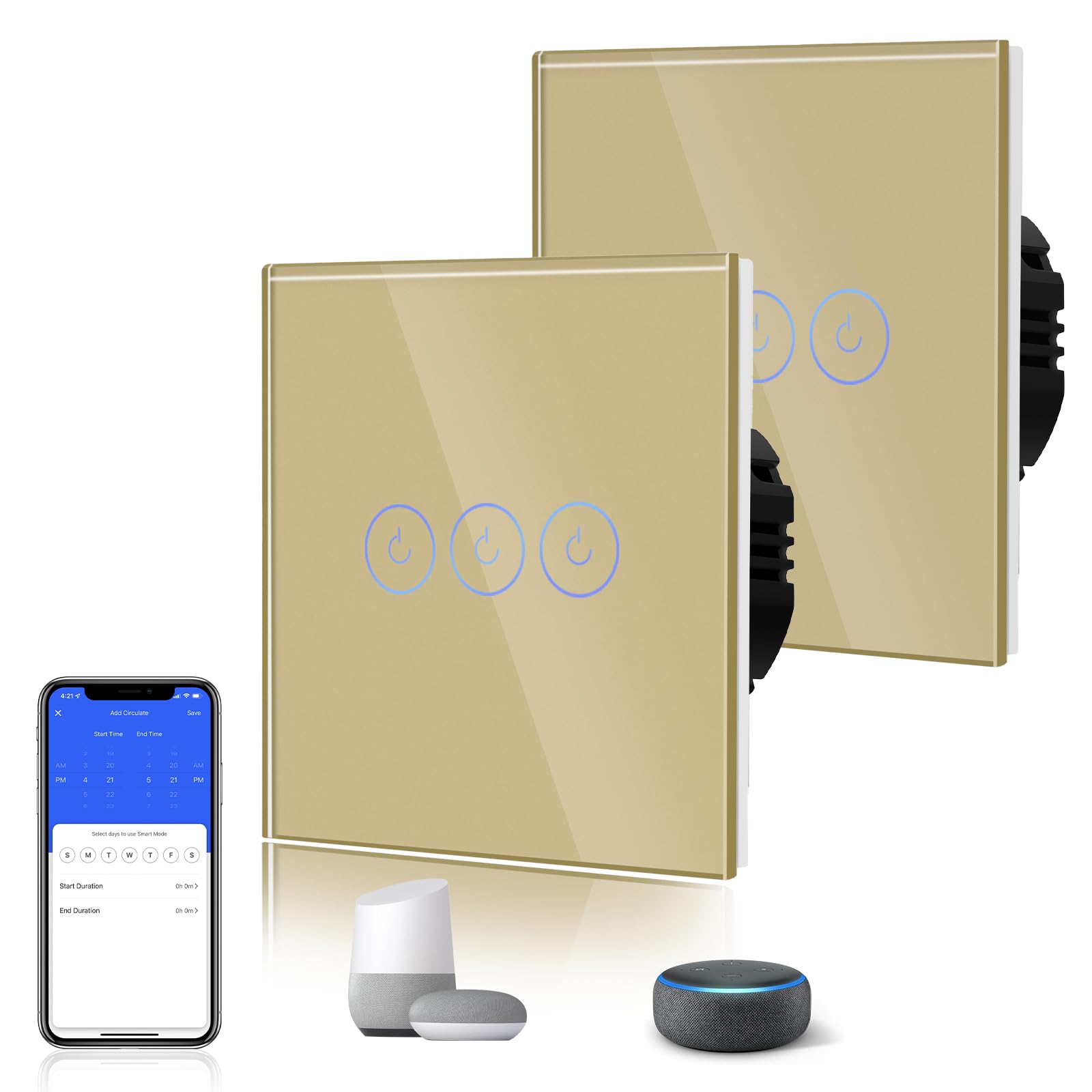 BSEED Smart Light Switch,Touch Switches for Lights,Glass Panel with Backlit,Works with Alexa & Google Assistant,Neutral Wire Required,3 Gang 2 Way(2 Pack),86mm Gold — image 1