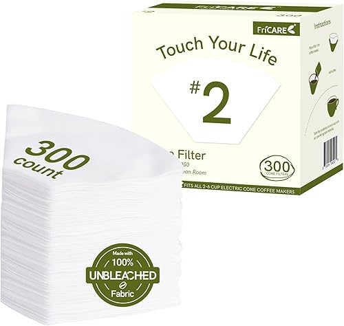 Miniatura 1 de FriCARE Filtros de café de cono fresco #2, blanco sin blanquear, 300 unidades para máquinas de cono de 2 a 6 tazas para verter sobre cafeteras, un