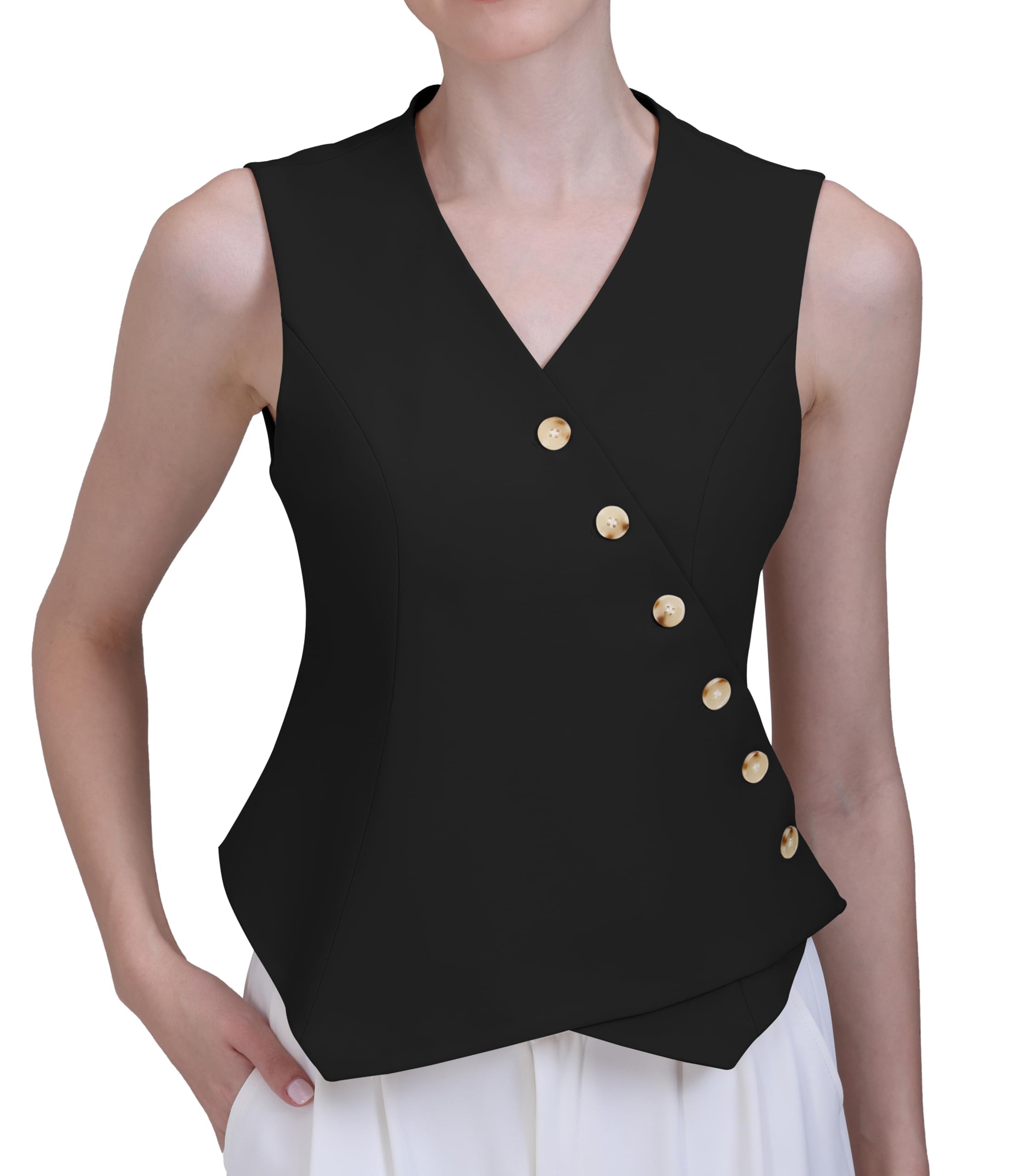 Foucome Vest for Women V Neck Button Up Asymmetrical Hem Dressy Casual Suit Vest Waistcoat