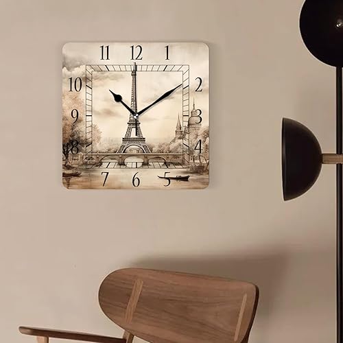 Miniatura 4 de Reloj de pared decorativo de 10 pulgadas, silencioso, cuadrado, para el hogar, sala de estar, cocina, torre Eiffel, retro, París, exquisito