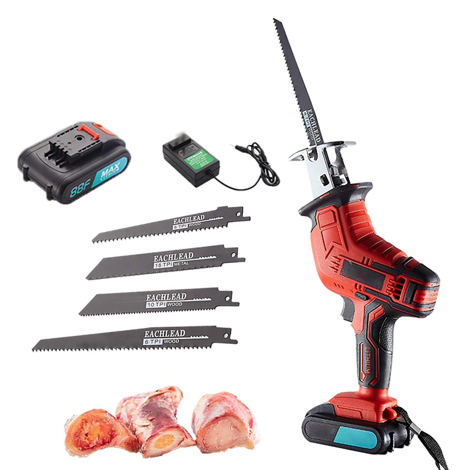 Sierra eléctrica para huesos, cortadora de huesos inalámbrica, sierra portátil profesional inalámbrica, herramientas para cortar carne, huesos, madera, metal, plástico y carnicería con 4 cuchillas