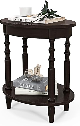 Miniatura 1 de GOFLAME Mesa auxiliar ovalada de 2 niveles, mesa auxiliar para sofá con estante de almacenamiento, patas de madera maciza, mesa decorativa moderna,