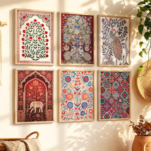 Image of kotart Decorative Madhubani Art Wall Painting Traditional Home Decoration With Frame For Living Room Bed Room Hotel Wall Decor Digital Reprint Engineered Wood Set of 6