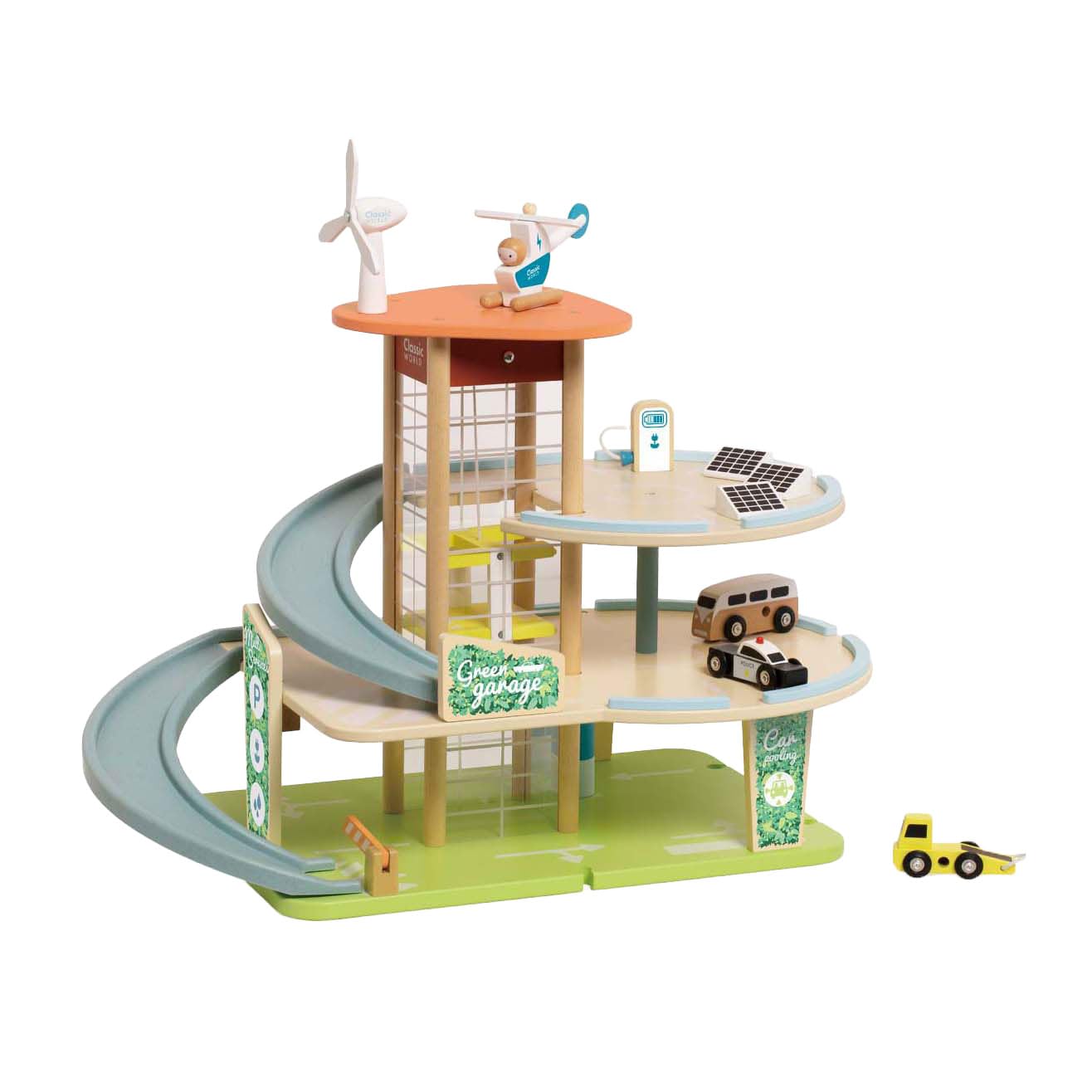 Classic World Holzspielzeug Garage nachhaltig mit Zubehör 19-teilig.