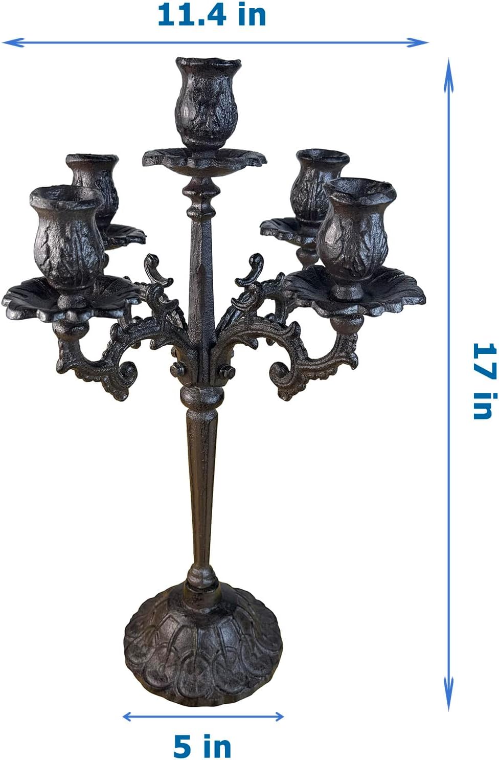 Antique Rust Brown Cast Iron Candelabra (17" Tall) - 5-Arm Vintage Floral Candle Holder, Decorative Rustic Centerpiece for Christmas, Dining, Holiday Decor HC1645
