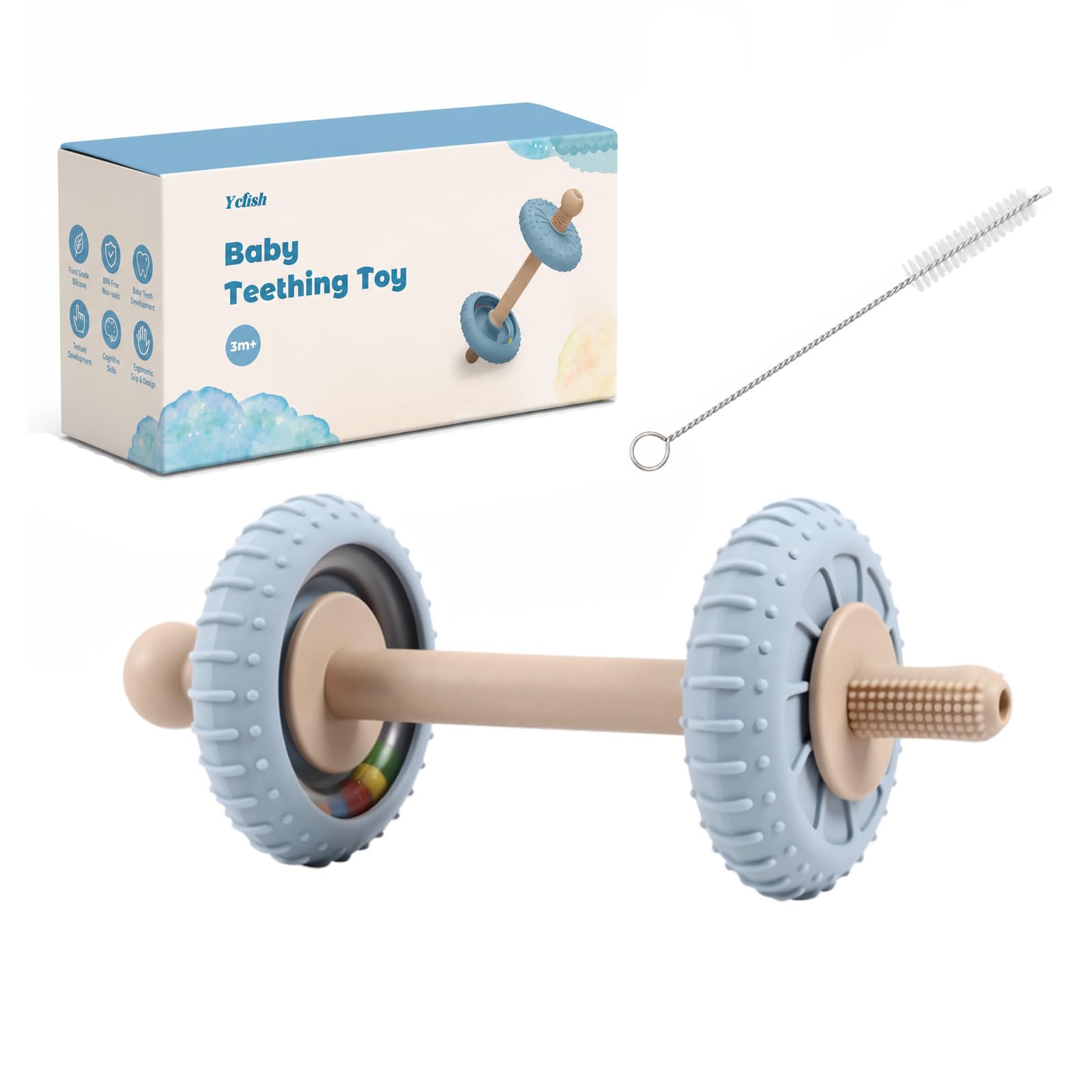Baby Dumbbell teether Rattle, Silicone Baby Teething Toy, 2-in-1 Nipple-Shaped Gum Massager and Brush Head, Self-Brushing Training Teething Toy, Easy to Hold（Blue）