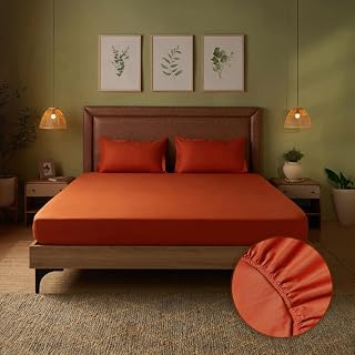 Bedsheet for Double Bed King Size 78 x 72 Inches Elastic Fitted Bedsheet with 2 Pillow Covers, 144 TC, 100% Cotton, Soft and Breathable - Paleto Collection (Terracotta)