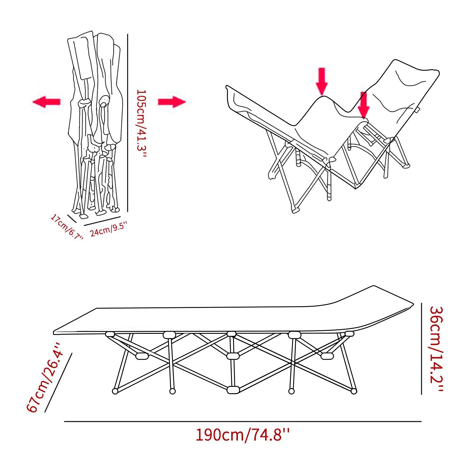 Lit de Camping Pliable & Robuste pour Adultes – Canapé-lit de Plage Portable Surdimensionné de Cadre en Acier Pliable de 280 kg avec Poche Latérale Sac de Transport 190 * 67 * 36 CM
