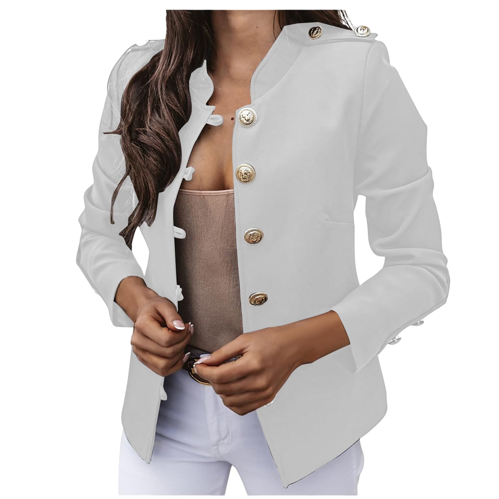 Womens Casual Blazer Jacket Gold Button Open Front Long Sleeve Jacket Fall Fashion Cardigan Light Slim Work Office