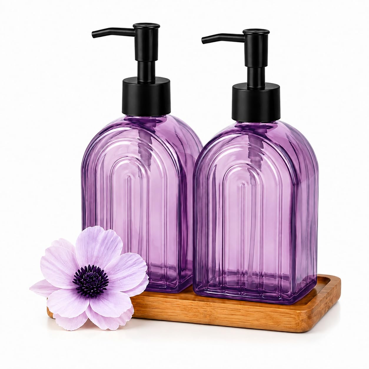 Confezione da 2 dispenser di sapone da cucina in vetro ad arco con vassoio