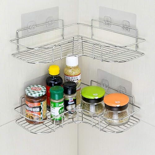 Miniatura 2 de Paquete de 2 organizadores de ducha esquineros, estante adhesivo de baño montado en la pared, estante de baño de acero inoxidable, organizador de