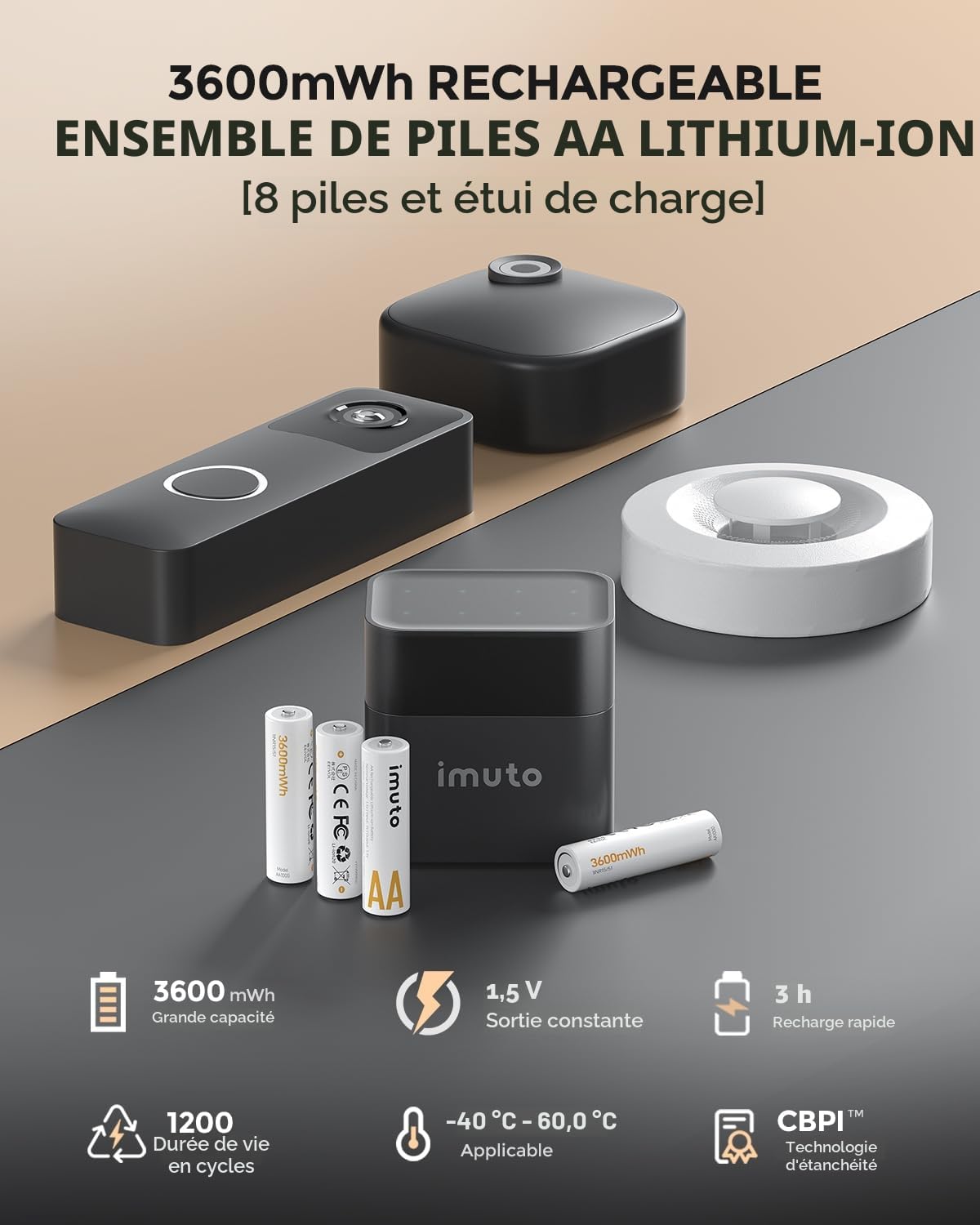 Imuto Piles AA 1,5V Lithium 3600mWh 1600 Cycles avec Chargeur 8 Emplacements