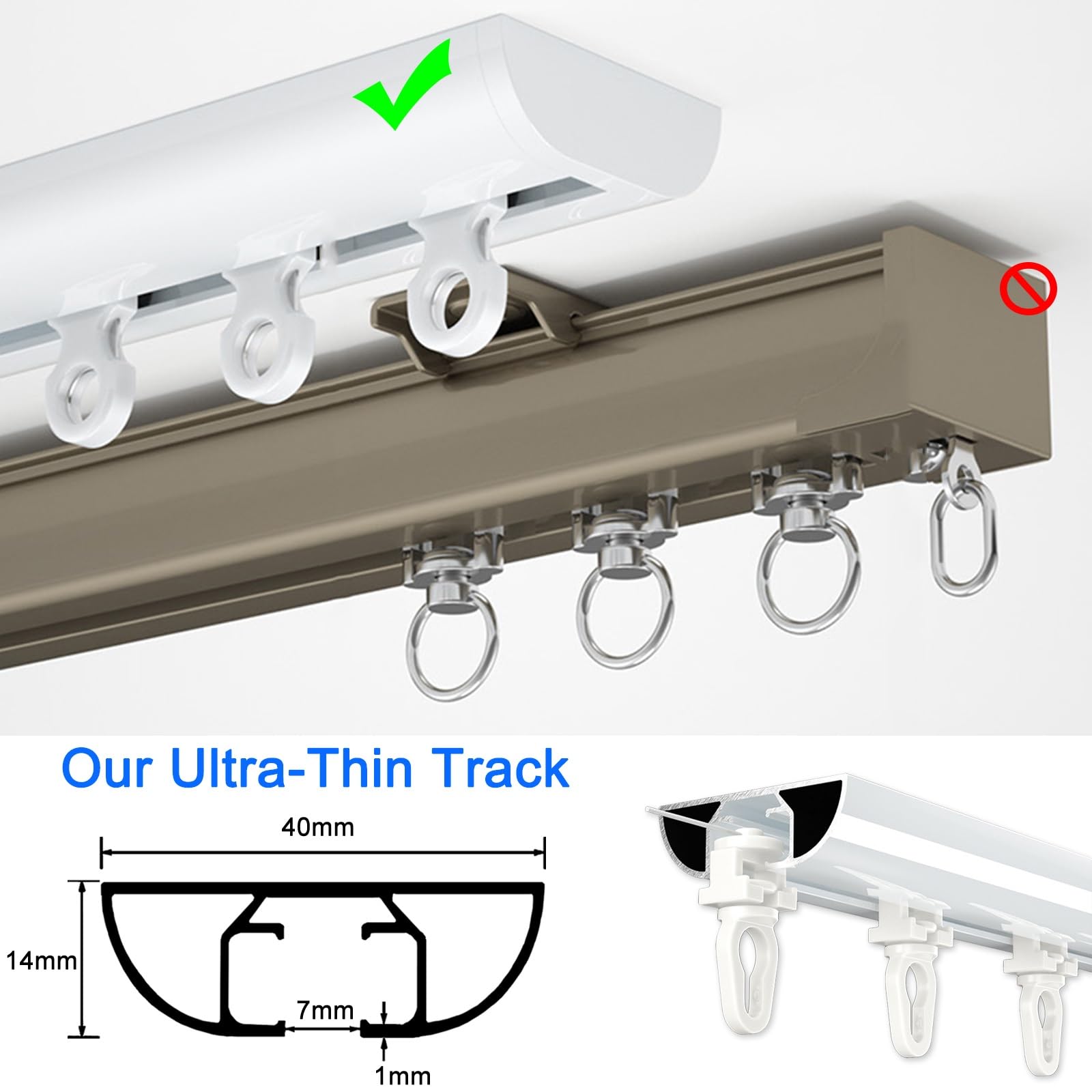 Rail de rideau en forme de S ultra fin en aluminium pour baies vitrées et cloisons de séparation de pièce 240 cm