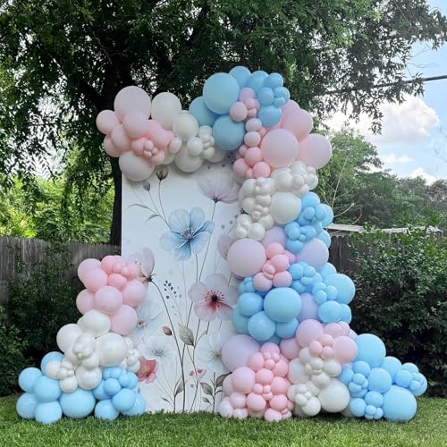 Image of HILAVO Pink and Blue Balloons 12 Inch Gender Reveal Latex Party Balloons | Pastel Light Baby Blue Pink White Balloon Confetti Balloons for Boy or Girl Birthday Bridal Baby Shower Party Decorations