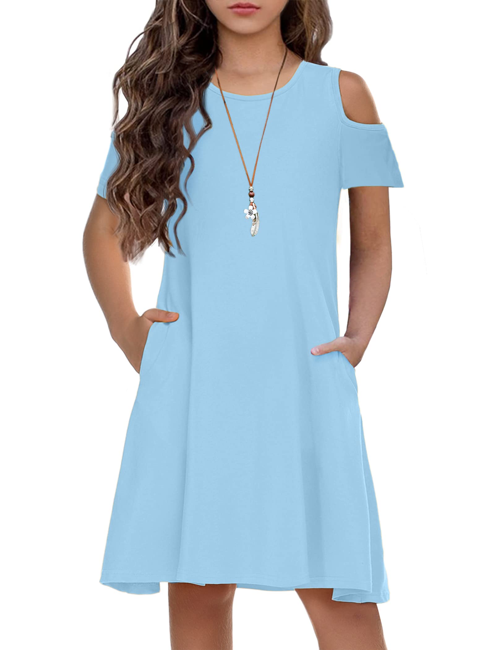 Arshiner Girls Summer Dress Short Sleeve Cold Shoulder Solid Color Swing Casual Dresses with Pockets