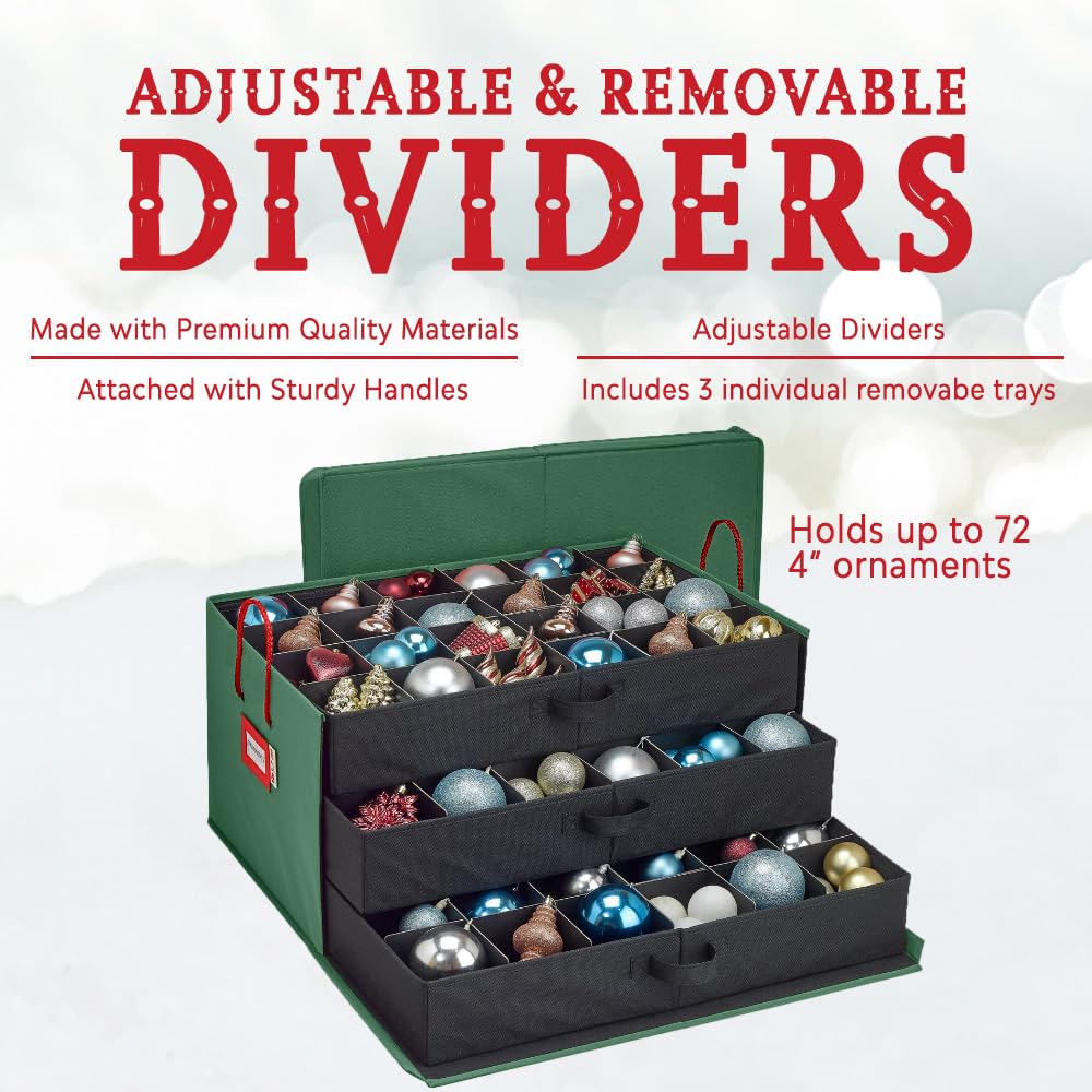 HOLDN’ STORAGE Scatola portaoggetti per ornamenti natalizi con divisori, può contenere fino a 72 ornamenti (10,2 cm), grande organizer con 3 vassoi impilabili, verde