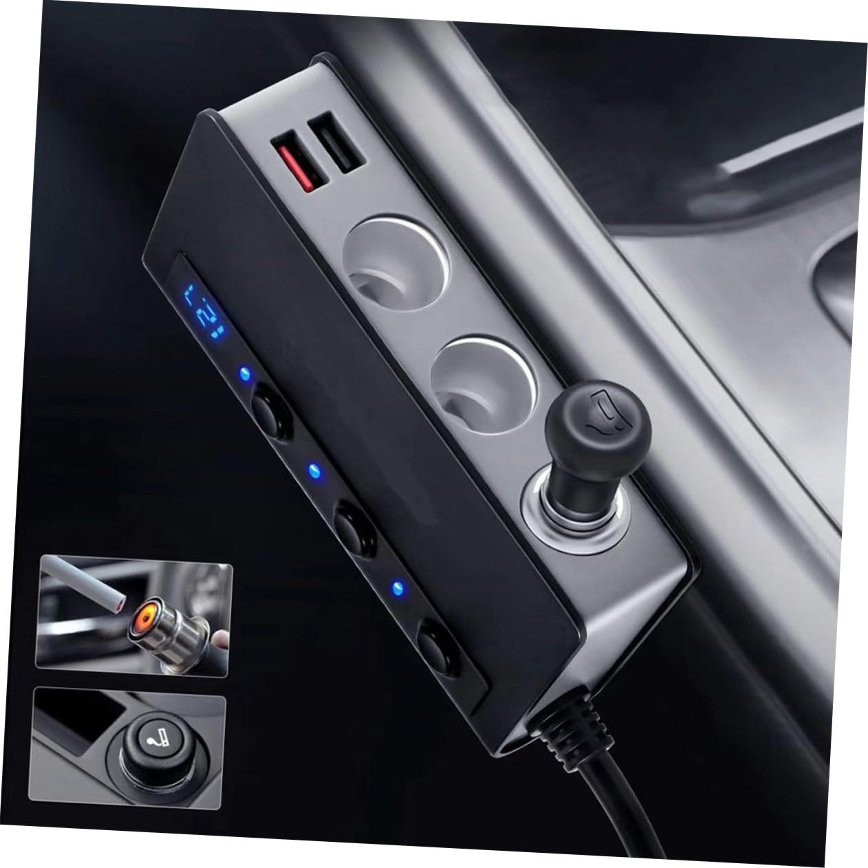 Caricatore per Auto Nero 180w 4 Porte USB e 3 Accendisigari, Ricarica Simultanea e Protezione Corto Circuito, Materiale PC Resistente