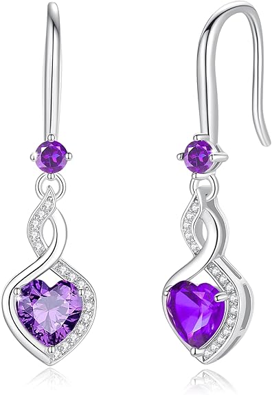 FANCIME Heart Infinity Dangle Drop Earrings 925 Sterling Silver Heart Gemstone Birthstone Earring