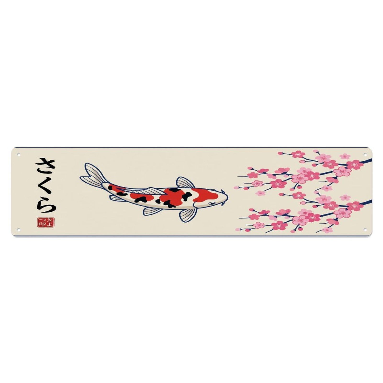 Olhnbad 4X16inch(10X40cm) Vintage Koi Fish Japanese Turquoise Metal Tin Sign