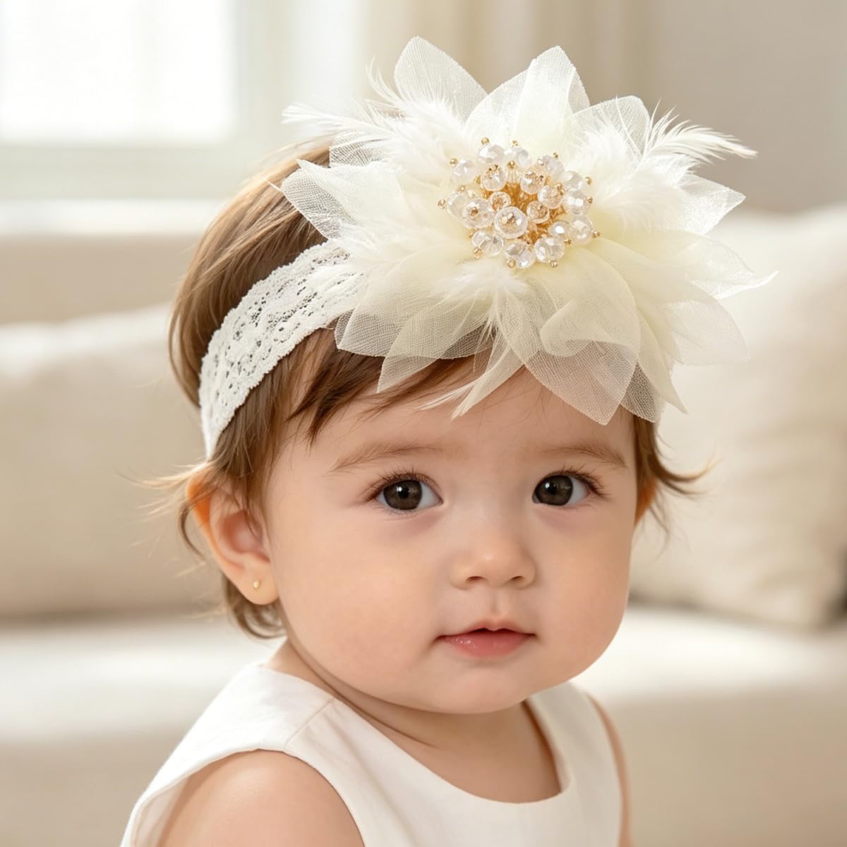 Bethynas Baby Mädchen Spitze Feder Stirnband Perlen Gaze Blume Elastisch Kleinkind Haarband Geburtstag Party Prinzessin Haarschmuck für Neugeborene Säugling (Weiß)