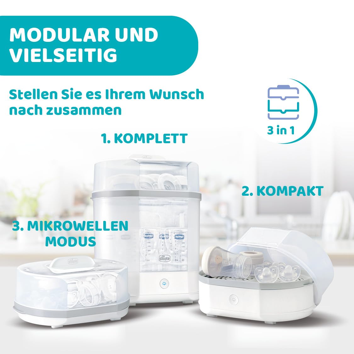 Chicco Modularer Dampfsterilisator 3 in 1, Babyflaschen-Sterilisator, Einstellbarer Dampfsterilisator für Babyflaschen, für Mikrowelle, mit 3 Konfigurationen, Schnelle und Einfache Anwendung