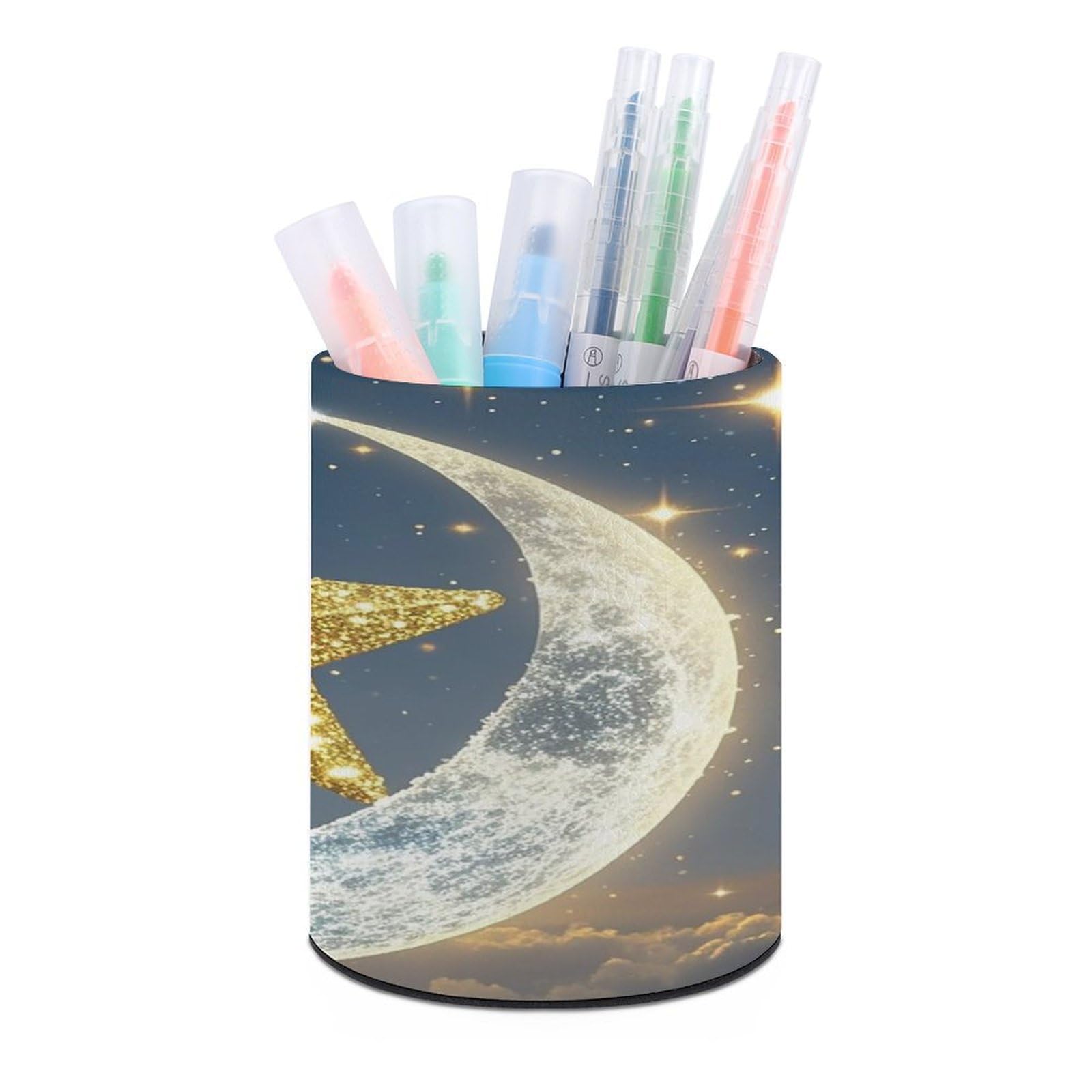 FekiLoot Golden Stars And Moon Pen Holder Cup Fashion PU Leather Pencil Cup Minimalist Pen Organizer Round Pencil Holder Stand Work Locker Accessories for Decoration Desk Office Home