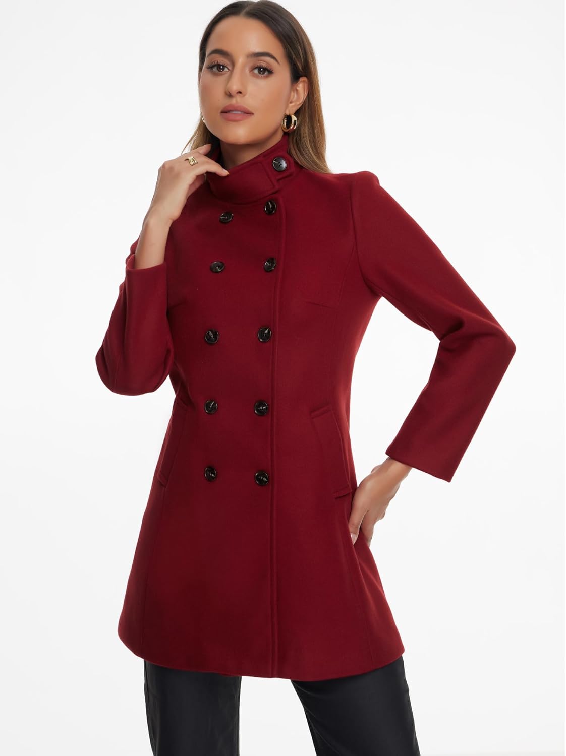 Allegra K Winter Trench Coats for Women's Casual Stand Collar Pea Double Breasted Overcoat - Image 4