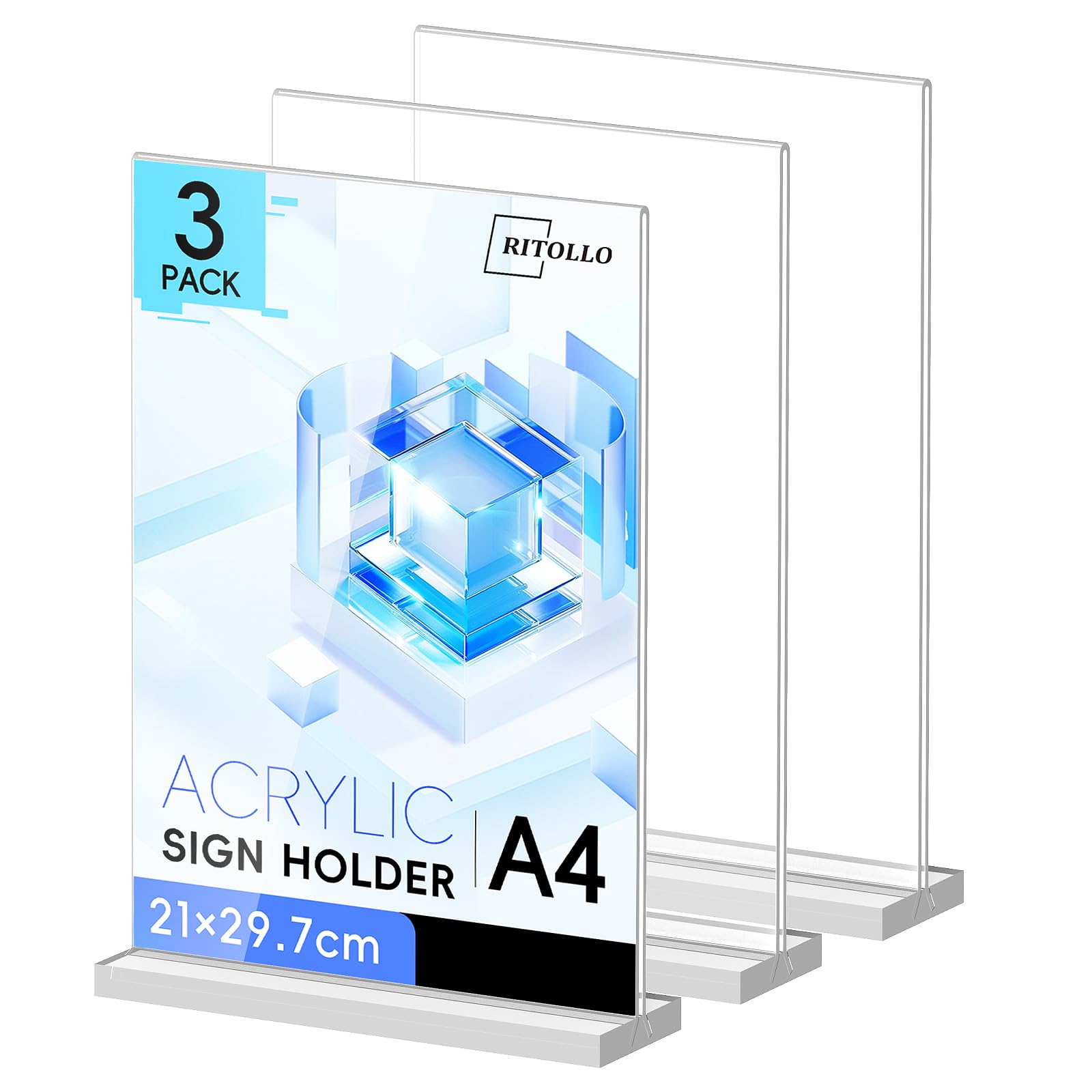RITOLLO 3 Pack A4 Acrylic Sign Holder Double Sided Display – 8mm Thick T-Shape Stand, Clear Perspex Menu & Price Sign Holder, Stable Countertop Display for Restaurant, Pub, Shop & Office
