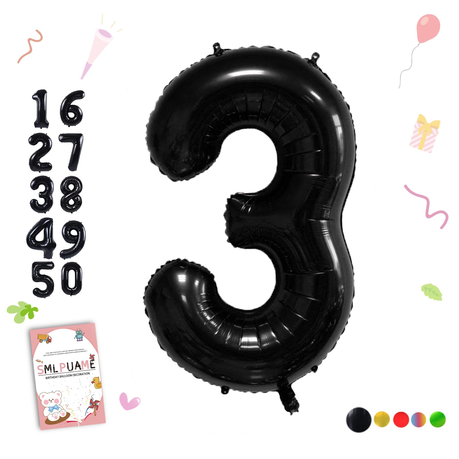 Smlpuame 40 inch Number Balloon 0-9 Black Large Number 3 Balloons,Digital Balloons for Birthday Party Celebration Decorations Supplies, Helium Foil