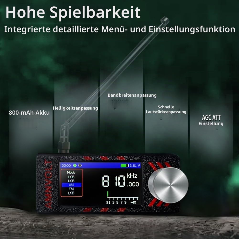 Verbesserter Mini SI4732 Vollband-Radio-Empfänger mit ESP32-S3-Mastersteuerung, 4,8 cm IPS-Farbdisplay, eingebauter Hi-Z-Schaltung, LSB USB AM FM-Modi, AGC ATT-Funktionen, 1 W Lautsprecher (schwarz)