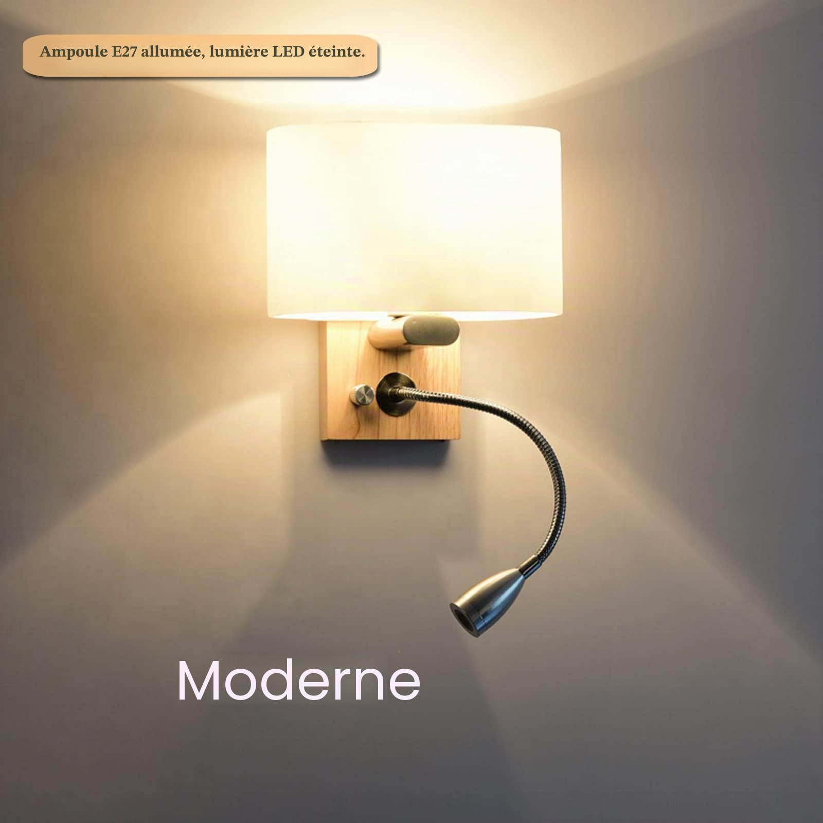 Luminaire Applique Murale Bois Avec Interrupteur Lampe Lecture Murale LED Tube Metal Cygne Flexible Réglable Abat Jour Verre Liseuse Chevet Murale Douille E27 Salon Étude Chambre Adulte (2 pack)