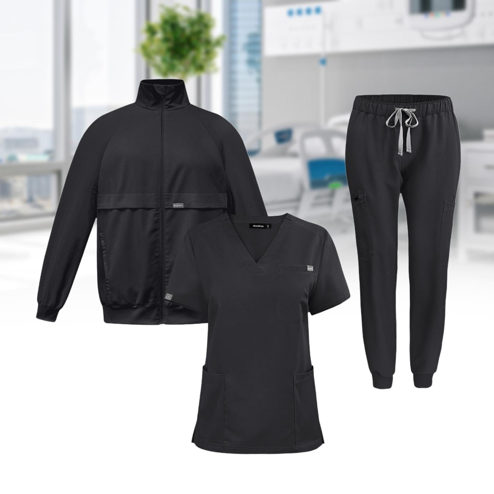 del oficio de enfermera friega los trajes determinados del trabajo de la chaqueta de los pantalones superiores de para el, Negro, L