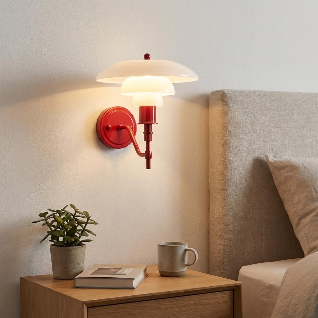BARCELONA LED Aplique de pared "Marshal" moderno y clásico, lámpara de pared con pantalla de vidrio blanco y cuerpo rojo metálico, diseño elegante, minimalista y lujoso