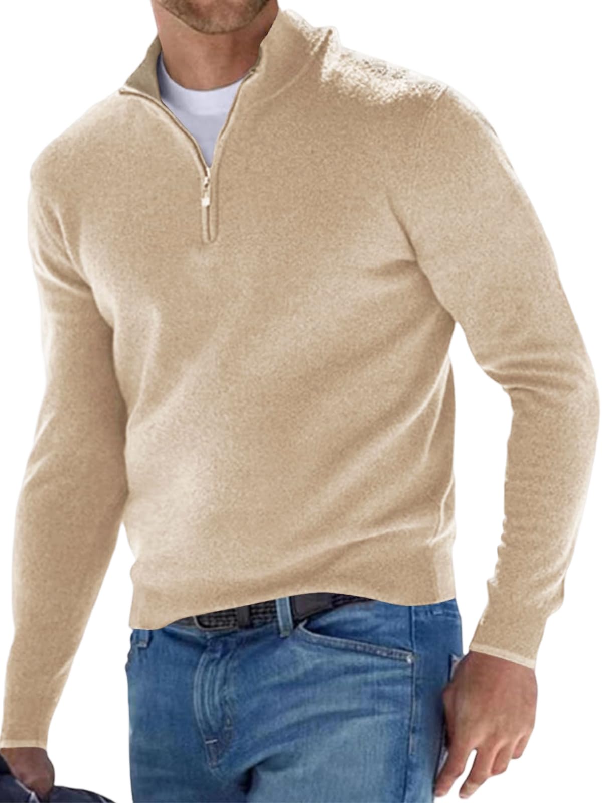 JFAN Gebreide herentrui met 1/4 rits Heren trui met hoge kraag Lange mouwen Klassieke warme truien Pullover Sweater voor herfst en winter(Kaki,XL JFAN Gebreide herentrui met 1/4 rits Heren trui met hoge kraag Lange mouwen Klassieke warme truien Pullover Sweater voor herfst en winter(Kaki,XL
