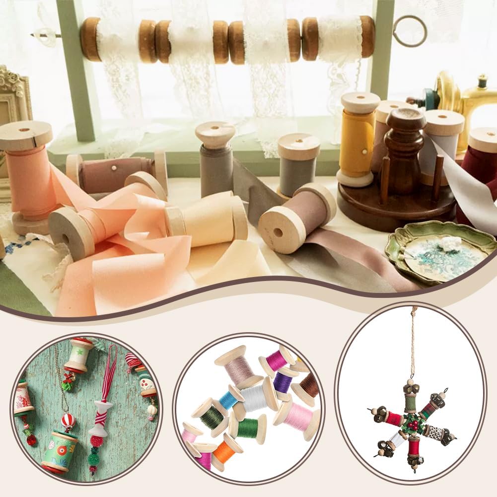 80Pcs Wood Spools, 1.9Inch Empty Thread Spools for Crafts Unfinished Wooden Textile Bobbin for Organizing Cord Twine Ribbon Chains Elastic Threads Wire Weaving Arts DIY Wood Projects