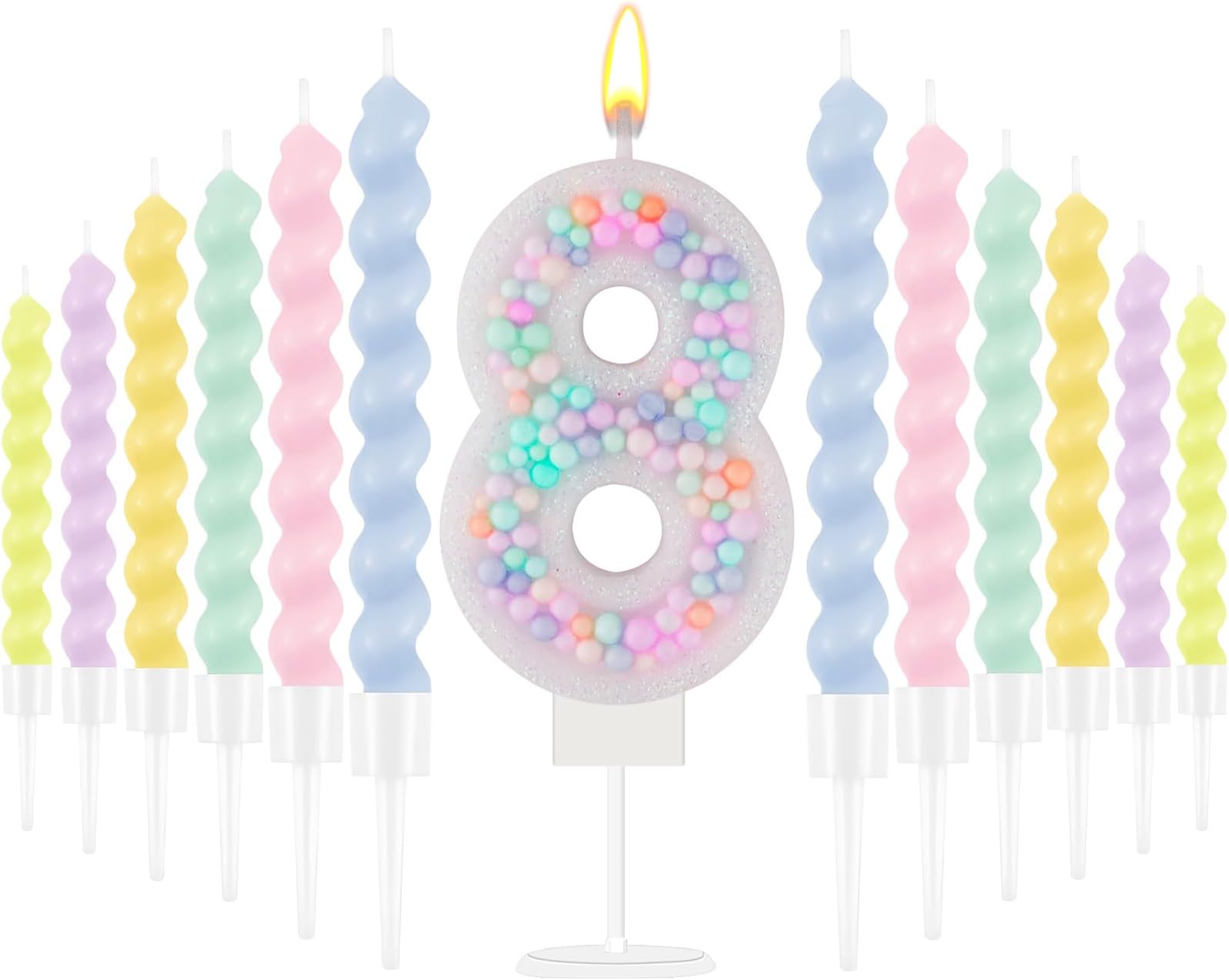 Rainbow Number 8 Birthday Candle 3D Macaron Glitter Number 8 Candle Pastel Pink Birthday Cake Candles with 12 Pcs Long Spiral Cake Candles for Girls Boys Cakes Topper Wedding Anniversary Theme Decor