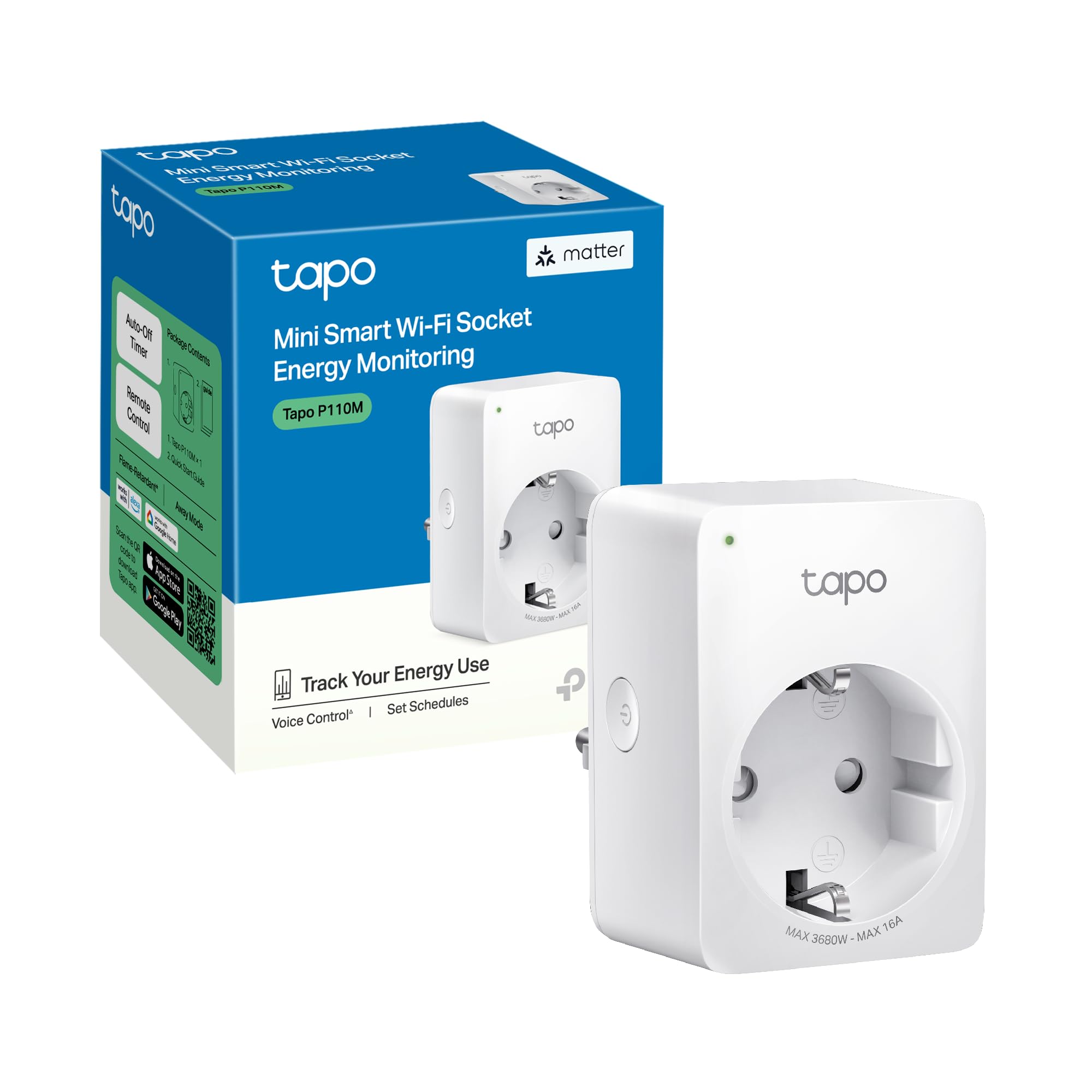Tapo TP-Link Tapo P110M Matter WLAN Steckdose mit Verbrauchsanzeige, Matter smart Home, funktioniert mit Alexa, Google Home, SmartThings, Tapo App, Sprachsteuerung, Fernzugriff
