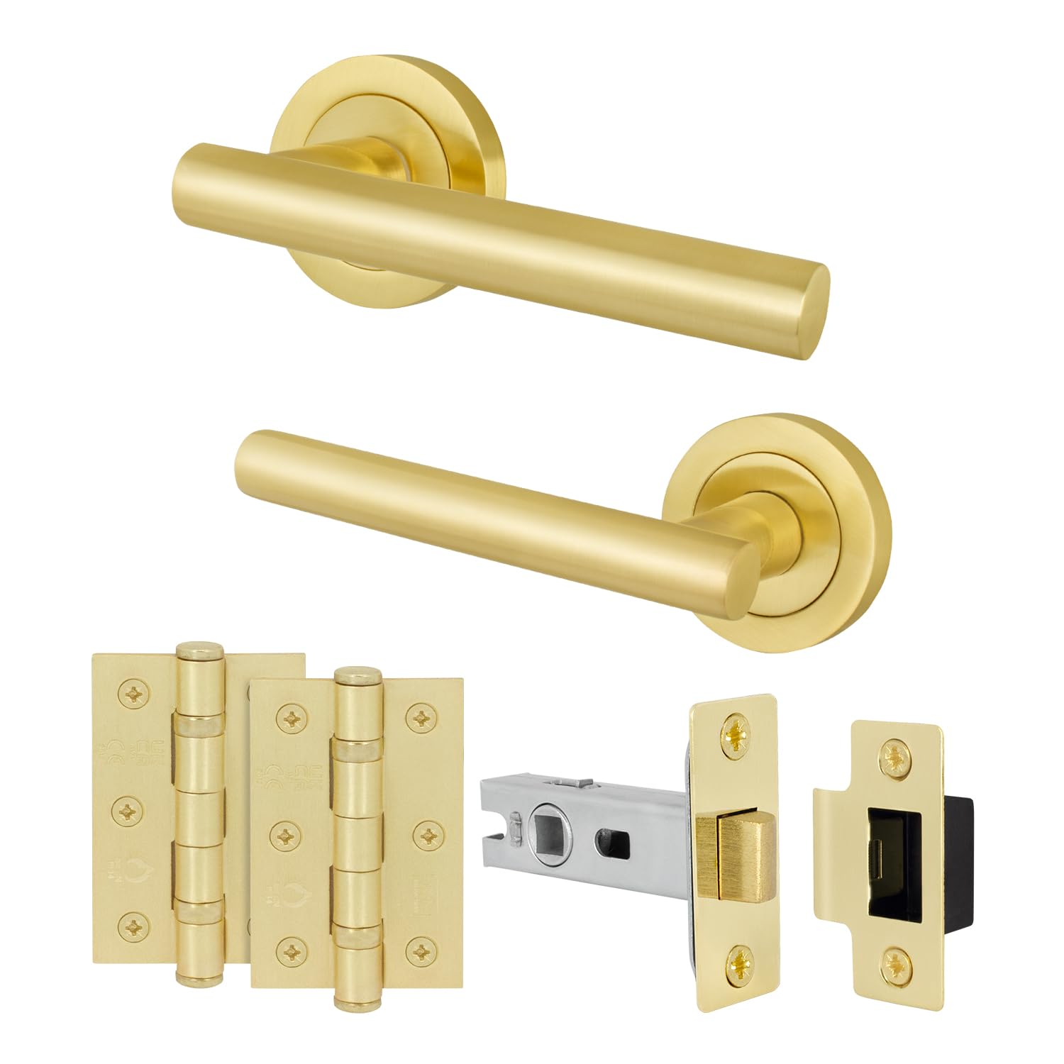 Eai Satin Brass Door Handle Latch Set, 1 Pair Internal T-Bar Lever On Rose Handles, Latch (64Mm) Hinges (76Mm) - Oliena